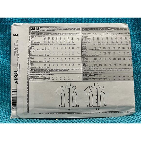 McCalls 2818 sewing pattern knit top scoop square V neck size 14 16 18 - Picture 3 of 6